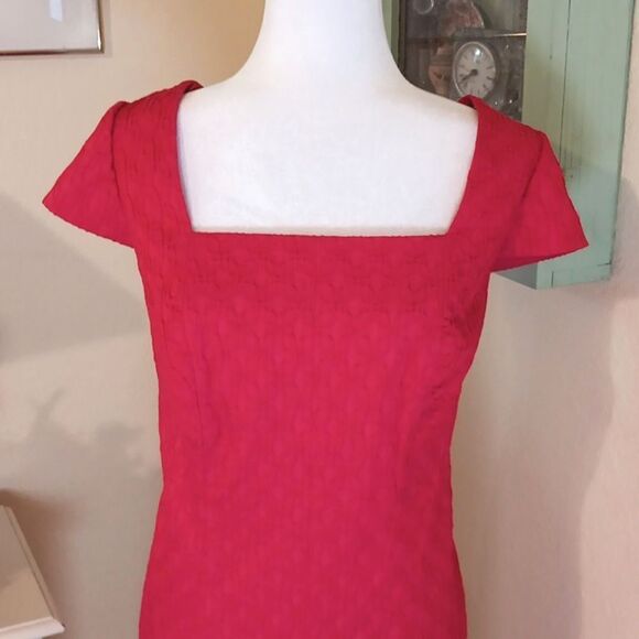 Adrianna Papell Square Neckline Jacquard Dress.Textured, Classic Red, Holiday - Picture 3 of 9
